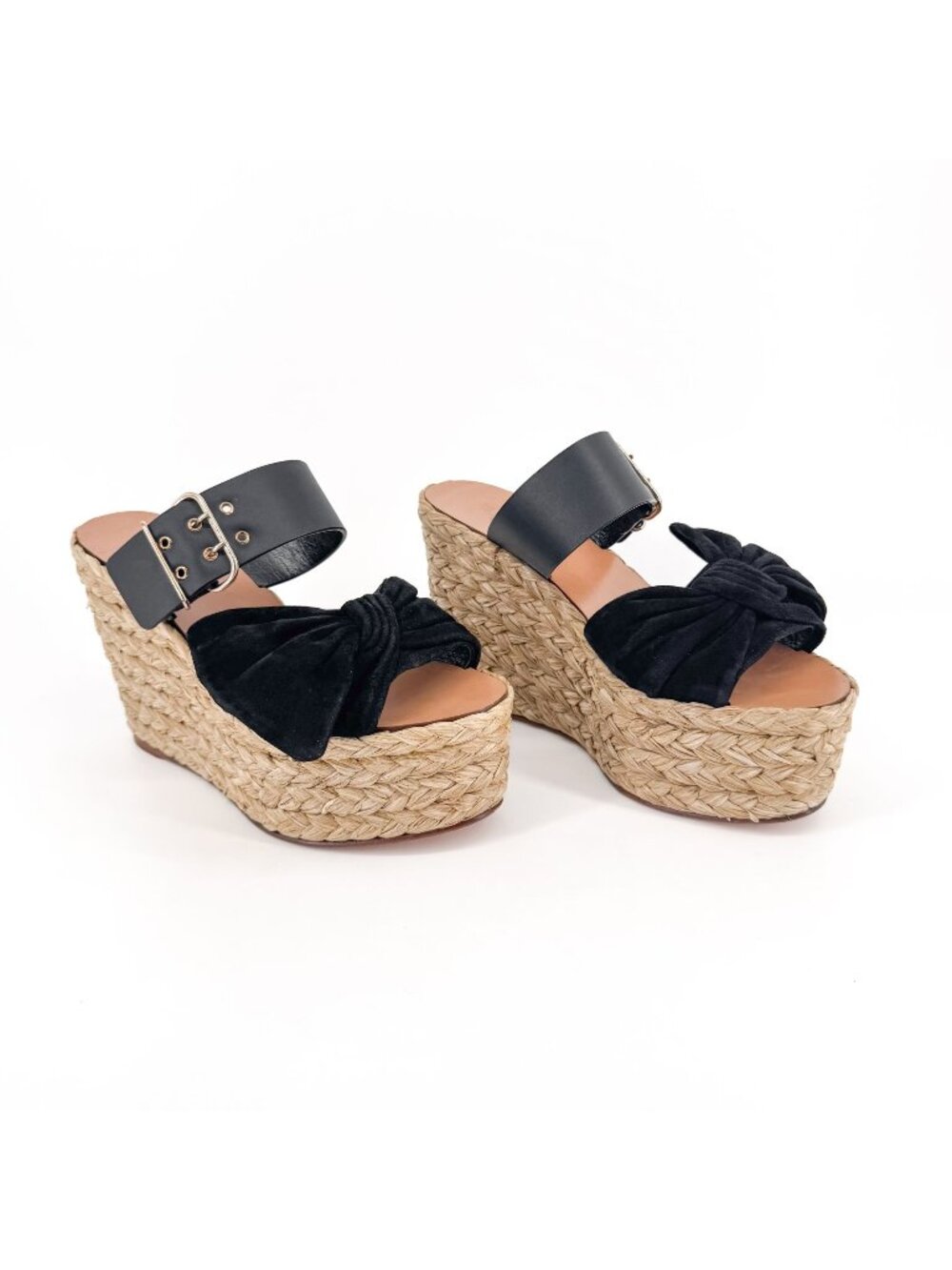 Valentino Black Suede Bow Braided Raffia Espadrille Wedge Sandals Size 38 US 8